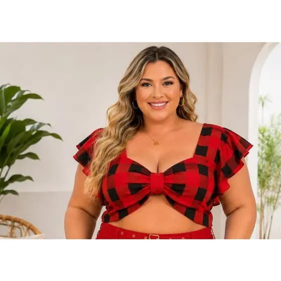 cropped plus size tamanho 50, cropped em crepe seda, cropped feminino plus size, cropped xadrez rosa, cropped com lastex