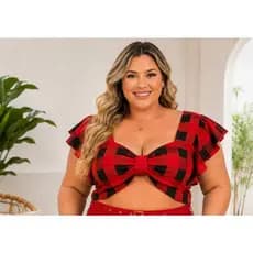 cropped plus size tamanho 50, cropped em crepe seda, cropped feminino plus size, cropped xadrez rosa, cropped com lastex