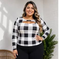 blusa plus size feminina, blusa xadrez plus size, blusa manga longa feminina, blusa em suplex premium, blusa plus size v