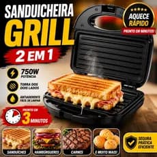 Sanduicheira Grill Elétrica 750W Antiaderente 2 Em 1 Aquece Rápido Faz Hambúrguer Lanches