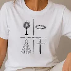 Camiseta de Algodão Básica Feminina Católica É Lindo Ser Católico Estampa