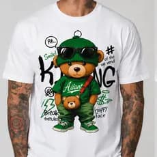 Camiseta Masculina Algodão Urso Estampado Manga Curta Básica