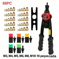 Kit Rebitador Manual BT606 com 60 Porcas Rebite Rosca M3 a M10 Cabeça Plana Alicate Rebitadeira