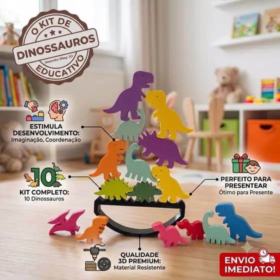 Kit jogo brinquedo de Equilibrio 10 dinossauros coloridos Acabamento Premium