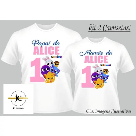 Kit 2 Camisetas Personalizadas Aniversário Tema Bolofofos Rosa Adulto e Infantil