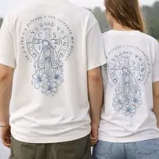 Kit 2 Camisa Casal Cristã  Manto Cruz Sagrada Ave Maria Conjunto Camiseta Religiosa