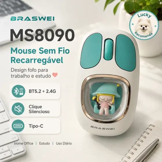 Mouse Wireless Kawaii Recarregável USB-C Bluetooth 2.4G Silencioso com Garanti