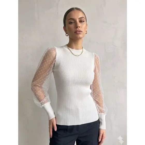 Blusa Tricot Manga Tule Modal Premium Luxo Confortável Elegante Macia Sofisticada Feminino