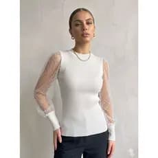 Blusa Tricot Manga Tule Modal Premium Luxo Confortável Elegante Macia Sofisticada Feminino