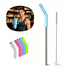 Kit Canudo de Aço Inoxidável 30cm com Ponta de Silicone e Escova de Limpeza - Ideal para Copo Térmico 1200ml 40oz