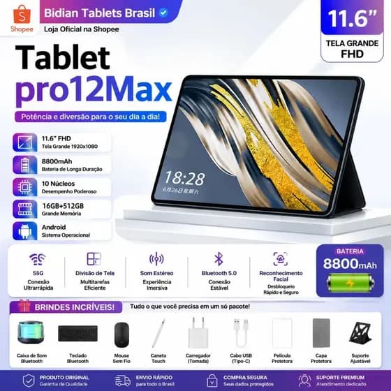Combo with Keyboard and Mouse Tablet Pro12 Max 11.6" Screen 16GB RAM 512GB WiFi Bluetooth with Android 15