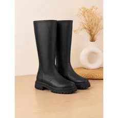 Bota Feminina Cano Alto Tratorada Preta Solado Grosso Confortável Casual Moda Inverno
