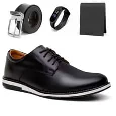 Kit Sapato Oxford Masculino Social Elegante de Couro Nobre Macio Com Solado Leve Confortável + Cinto Carteira e Relogio