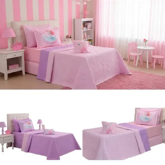 Kit 3 Pçs Cobre Leito Colcha Solteiro Infantil e Juvenil Divina Bailarina Dupla Face Matelassado e Estampa Digital