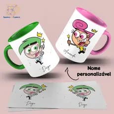 Conjunto Caneca Casal Cosmo & Wanda Com Personalização de Nome - Padrinho Mágicos  - Caneca Resinada de Cerâmica 325ml