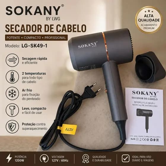 SECADOR DE CABELOS PROFISSIONAL PORTATIL SOKANY 1200W - 127v