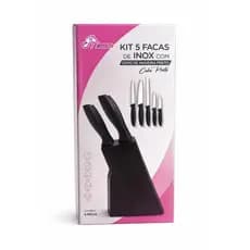 Kit 5 Facas Inox Com Cepo Madeira Preto - 6 Peças
