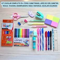 Kit Escolar Completo 25 Peças Colorido Material Escolar Volta às Aulas - Canetas, Lápis, Marca Texto e Acessórios