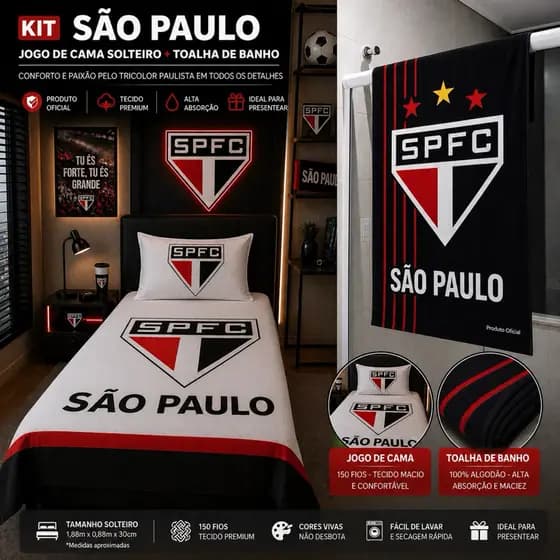 Kit Jogo de cama São Paulo Solteiro + Toalha de Banho SPFC Oficial | Jogo de Cama 150 Fios Macio e Confortável