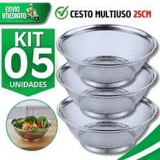 Jogo Cesto Inox Multiuso Escorredor E Armazenamento Frutas Legumes Arroz Macarrão 25 CM Utensílios