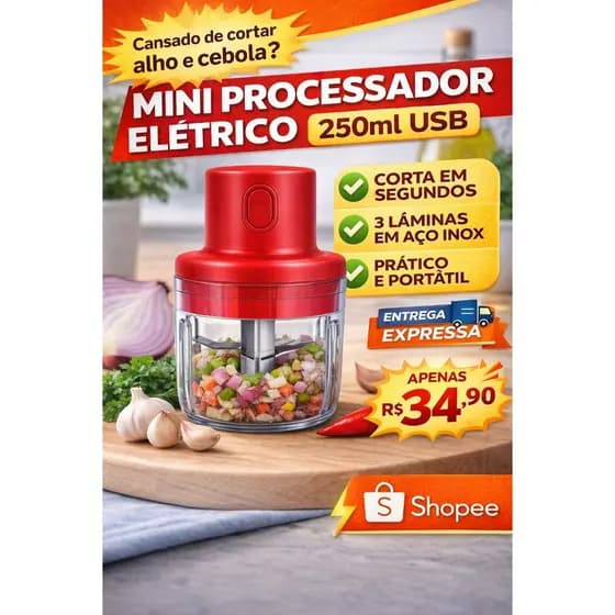 Mini Processador Elétrico USB 250ml Triturador de Alho Legumes 3 Lâminas Portátil Cozinha