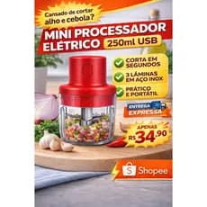 Mini Processador Elétrico USB 250ml Triturador de Alho Legumes 3 Lâminas Portátil Cozinha