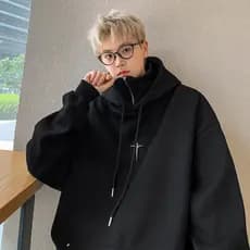 Outono moda masculina All-Match falso moletom com capuz de duas peças Street Wear Retro meio zíper lapela moletom