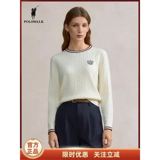 POLOWALK Suéter feminino de manga comprida 2025 outono novo produto camisa de fundo torcido Casual gola redonda