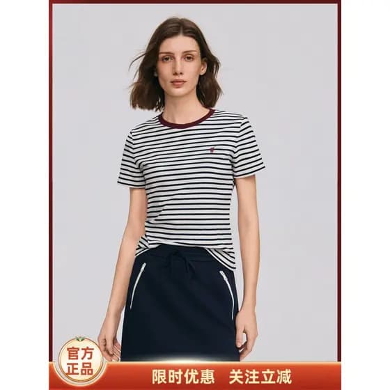 POLOWALK Camiseta de manga curta feminina verão dopamina desgaste respirável meia manga mais magro olhar Commuter listra