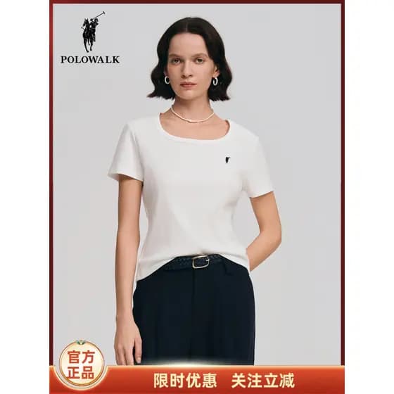 POLOWALK feminino de manga curta 2026 primavera nova feminina simples pescoço quadrado mais magro olhar magro-ajuste cam