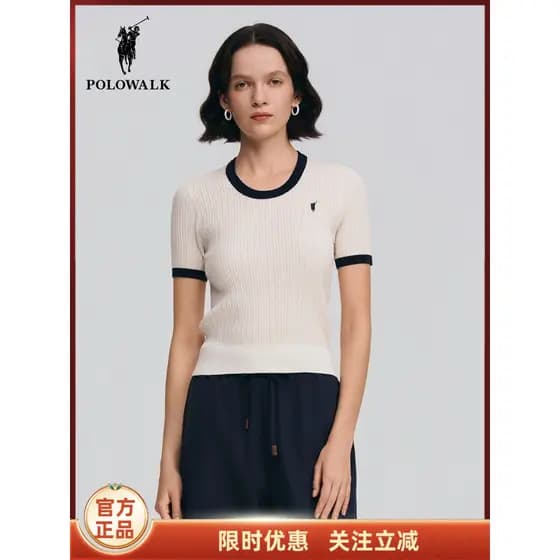 POLOWALK Suéter feminino de manga curta 2026 primavera novo produto fino Pit Strip contraste cor gola redonda suéter Sli