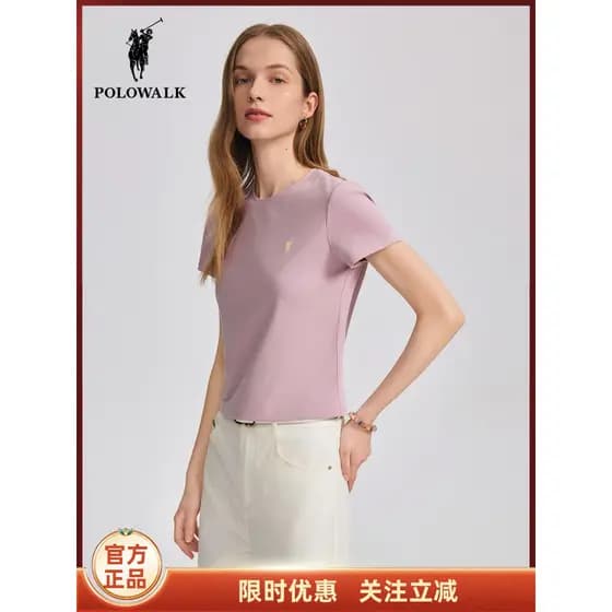 POLOWALK Camiseta feminina de manga curta com gola redonda, primavera verão, novo produto, gola redonda, Slim fit, Casua