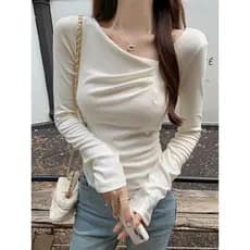 Gola Diagonal Irregular de manga comprida topo feminino 2025 outono inverno novo estilo Design sentimento filigrana cint