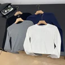 Cintura alta estilo curto manga longa camiseta feminina primavera novo estilo versão coreana magro-ajuste All-match mais
