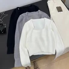 [Nan] Top de malha de lã com gola quadrada de cor sólida feminino 2026 novo estilo Slim fit Look mais fino temperamento