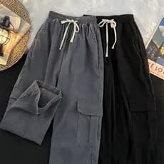 Macacão com vários bolsos, calças de veludo masculinas de verão, roupa de rua, estilo Hong Kong, solto, estudante, Casua