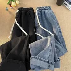 Homens soltos cordão Jeans verão estilo fino em linha reta Casual na moda calças All-Match costura estilo S
