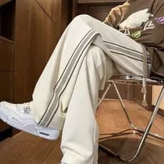 Estilo americano costura Webbing sweatpants masculino High Street listrado sweatpants solto confortável calças casuais o