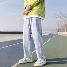 Cintura elástica reta primavera outono Jeans masculino solto americano High Street calças de perna larga Casual tornozel