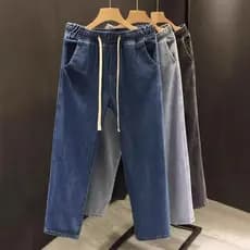 Americano Retro cintura elástica Jeans masculino solto em linha reta Drape calças de perna larga All-Match Casual calças
