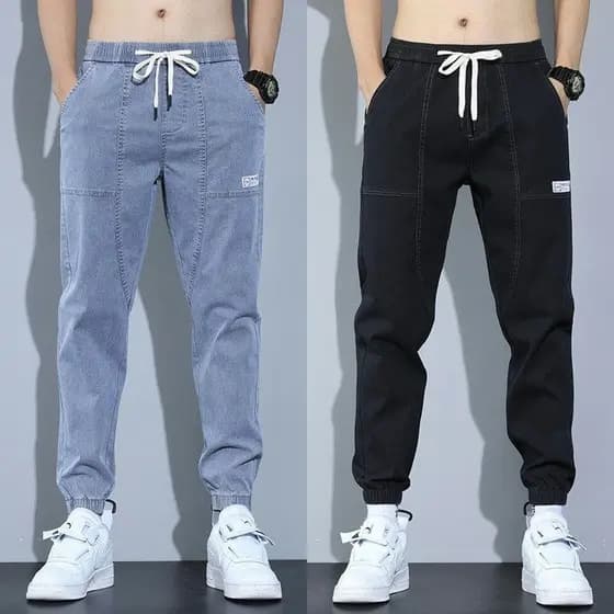Calças de brim casuais masculinas primavera verão solto cordão cintura elástica Harem calças resistentes ao desgaste mod
