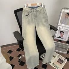 Jeans de lama amarela masculino primavera outono estilo vibe estilo americano Street Wear bonito calças de perna reta la
