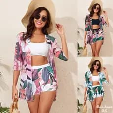 LS|Conjunto Saia Praia 3 Peças Maiô de Três Peças Cardigan Maior de Praia Vestido Praia Moda Praia Maio Feminino Praia