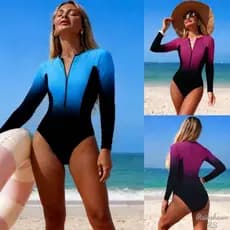 LS|Zíper Manga Longa Maiô de Uma Peça Protetor Solar Maio Plus Size Maio Natação Feminino Praia Roupa De Praia