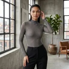 Body Cinza Escuro Tule Feminino Manga Longa Gola Alta Elegante Moda Tendência - Envio Imediato