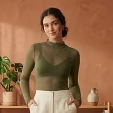 Body Verde Militar Tule Feminino Manga Longa Gola Alta Elegante Moda Tendência  - Envio Imediato