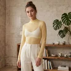 Body Amarelo Tule Feminino Manga Longa Gola Alta Elegante Moda Tendência  - Envio Imediato