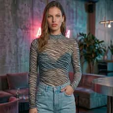 Body Zebra Tule Feminino Manga Longa Gola Alta Elegante Moda Tendência  - Envio Imediato