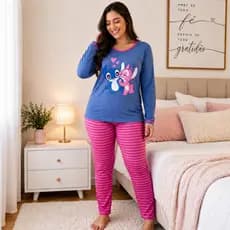 Conjunto Pijama Feminino Longo Estampado Personagem Inverno Malha Confortável