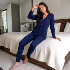 Pijama Longo Feminino Blogueira Malha Botão Amamentação Cirurgico Conjunto Aberto